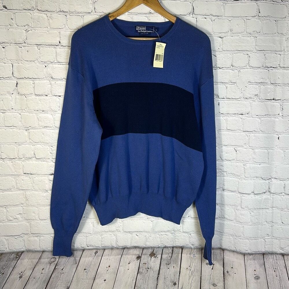 Vintage New Polo by Ralph Lauren Colorblock Blue Cotton Mens Sweater  L Large‎